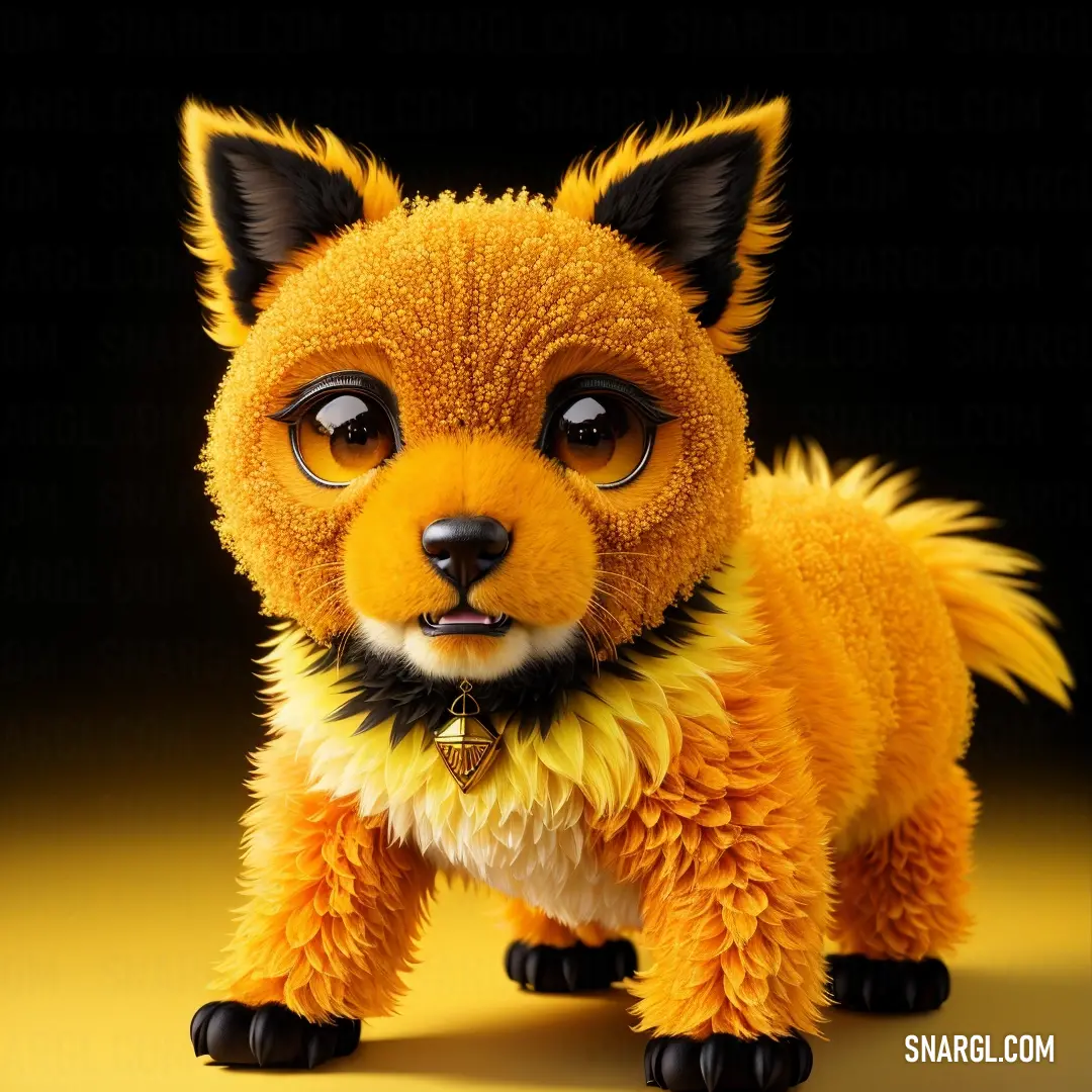 Stuffed animal with a collar and big eyes on a yellow background with a black background
