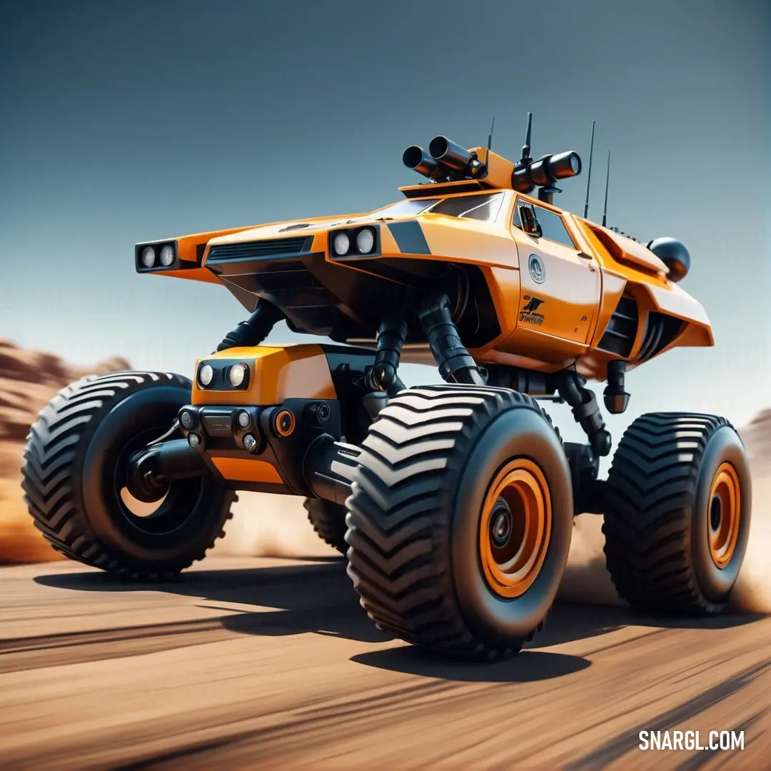 Yellow monster truck driving through a desert landscape with rocks and sand in the background. Color RGB 218,145,0.