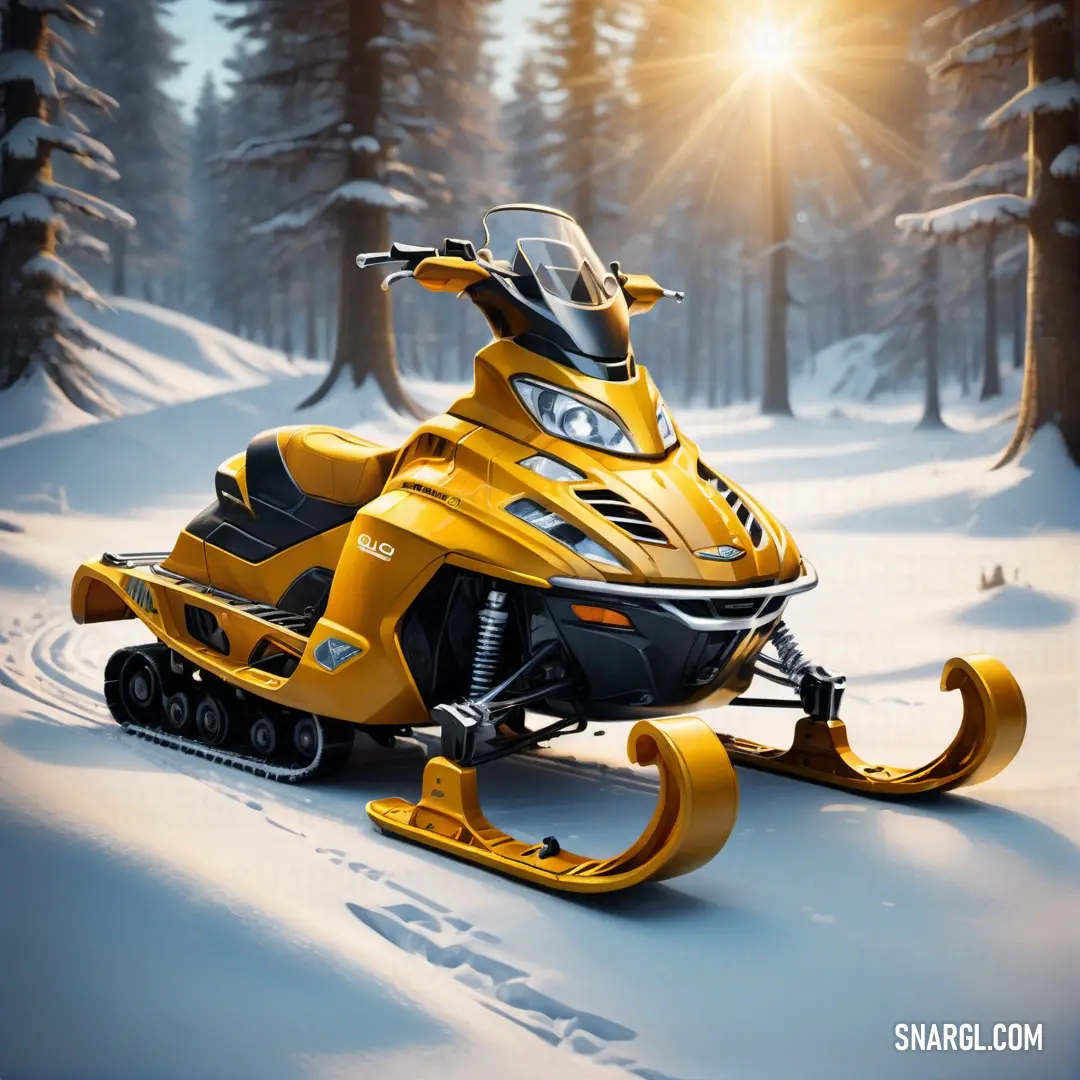 Yellow snowmobile is parked in the snow near trees and snow - covered ground with the sun shining. Color Harvest Gold.