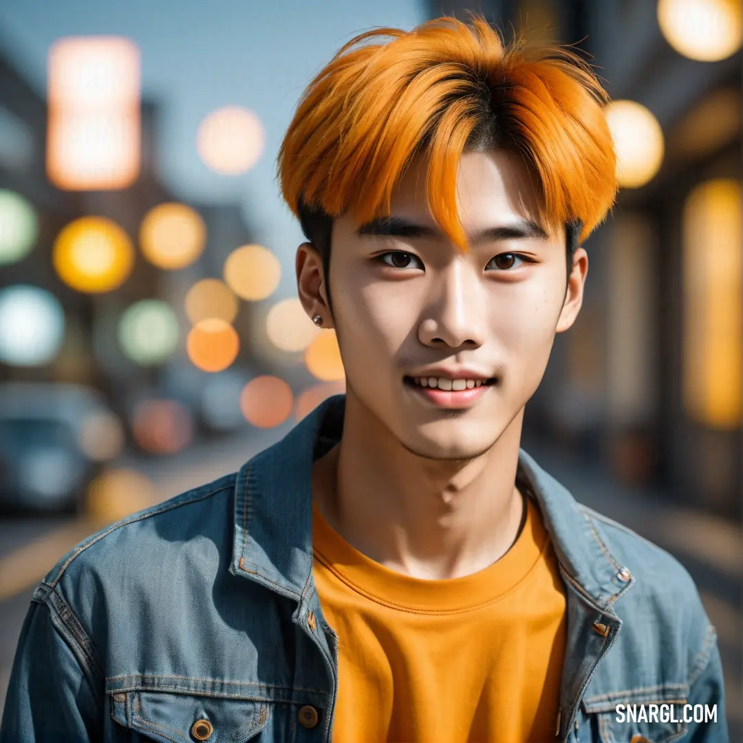 Harvest Gold color. Young man with orange hair and a denim jacket on a city street at night with lights in the background