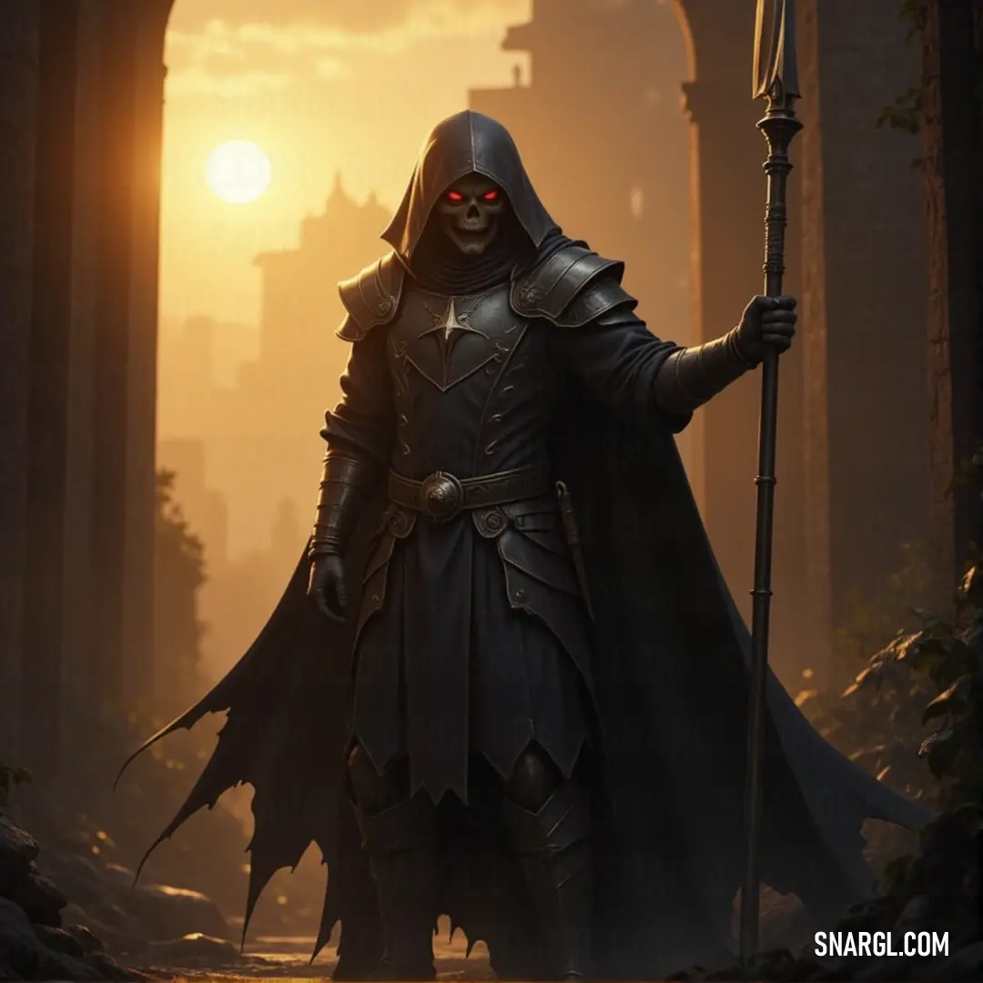 A Haunted Phantom in a dark cloak stands in a dark alleyway, his staff in hand, while the setting sun paints the sky with fiery hues, casting shadows on the walls. A Haunted Phantom in a dark hooded cloak grips a staff in his hand, standing in a dimly lit alleyway as the last light of sunset casts a fiery glow, illuminating his shadowy form against the crumbling stone walls.