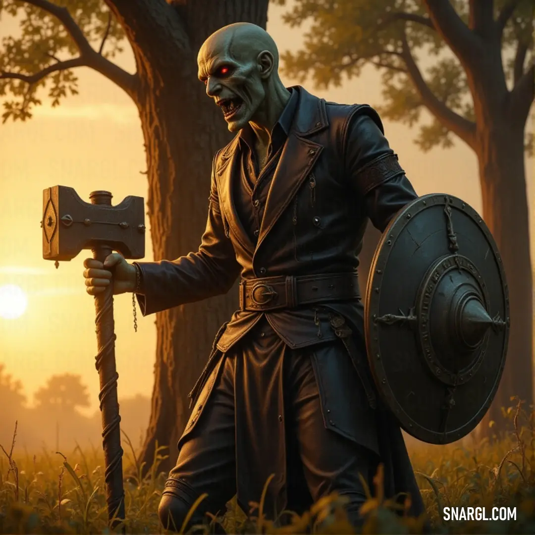Haunter holding a shield and sword in a serene field at sunset, with trees in the background. A warrior Haunter grips both a shield and a sword, standing strong in a tranquil field at sunset, with golden light casting long shadows on the trees and the peaceful horizon in the distance.
