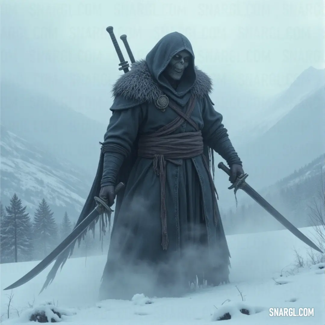 Haunting figure in a hooded cloak, holding twin swords, standing against snowy mountains A haunting presence looms in a snow-covered landscape, cloaked in a hooded outfit and armed with twin swords. The distant mountains provide a chilling backdrop to this mysterious figure, who seems ready for battle or perhaps a dark quest.