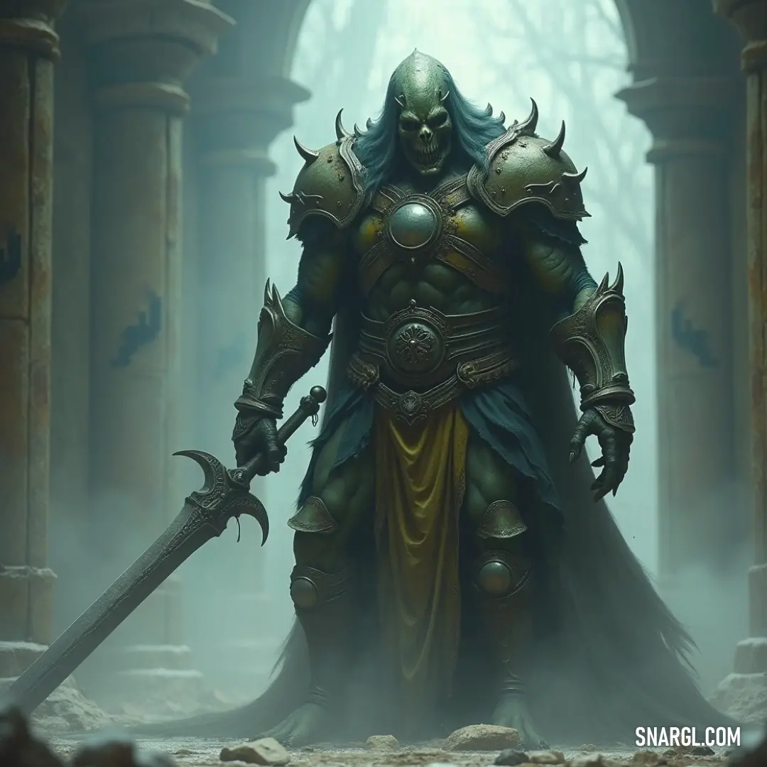 Haunting Shade in ancient armor raises his sword amidst ethereal fog, surrounded by ghostly pillars, embodying tales of valor and caution. A Haunting Shade adorned in ancient armor stands amidst a fog-laden realm, sword held high, commanding the space around him. The eerie atmosphere filled with ghostly pillars and arches echoes the whispers of a storied past, urging the living to beware.