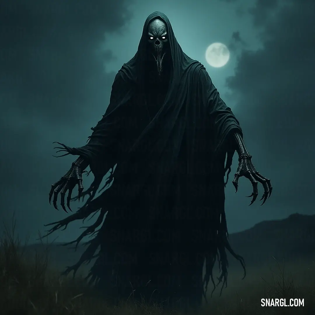 A spectral Creepy Haunting Wraith in a black robe stands against the full moon, creating an enchanting and eerie silhouette. Bathed in the silver glow of a full moon, a Creepy Haunting Wraith draped in a flowing black robe elevates the air of mystery as he stands against a haunting backdrop, blending shadows with moonlit elegance.