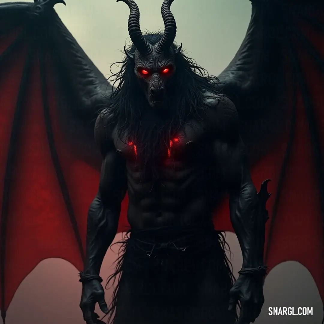 Demonic Haures commands attention with his fiery red gaze and prominent horns, standing boldly against a chaotic backdrop of dark clouds, a true embodiment of formidable presence. A fearsome demon Haures, adorned with sharp horns and piercing red eyes, looms ominously against a turbulent dark sky, his fierce gaze illuminated by the tempestuous light, radiating an aura of power and mystery.