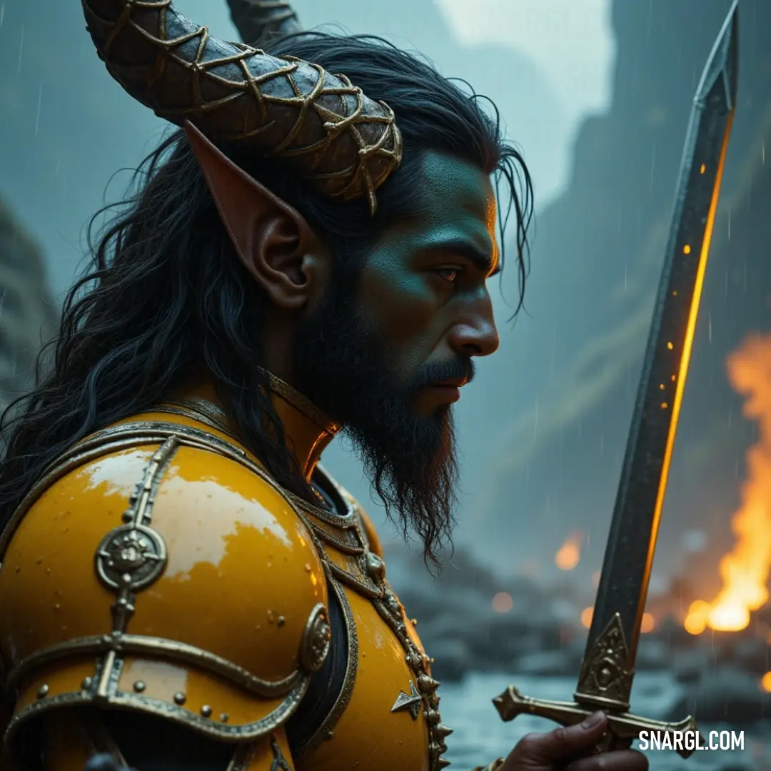 A fierce fantasy warrior showcasing a striking horned head and a gleaming sword, embodies the essence of epic battles set in a mythical universe. A fearsome warrior, featuring a dramatic horned visage and wielding a gleaming sword, stands resolute in an epic scene reminiscent of a fantasy realm, brimming with tension and bravery.