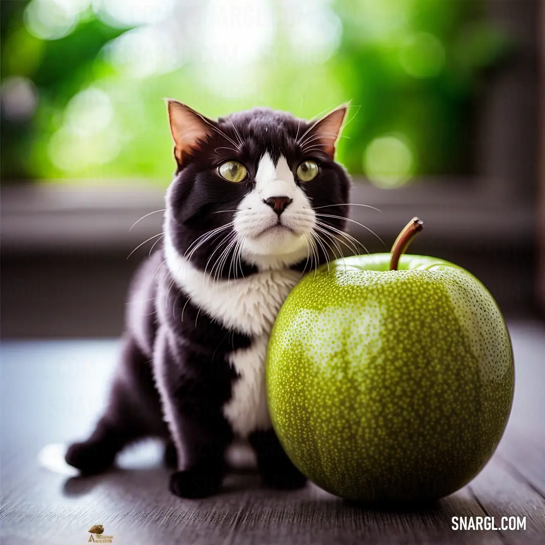 Black and white cat next to a green apple on a table with a green background and a window