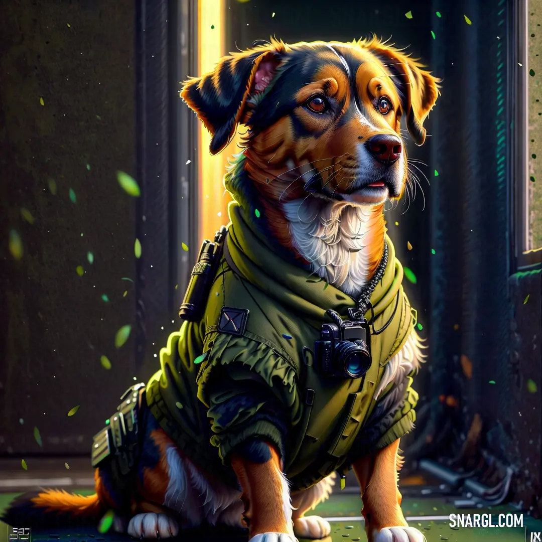 Dog wearing a green jacket on the ground next to a doorway and a doorway way