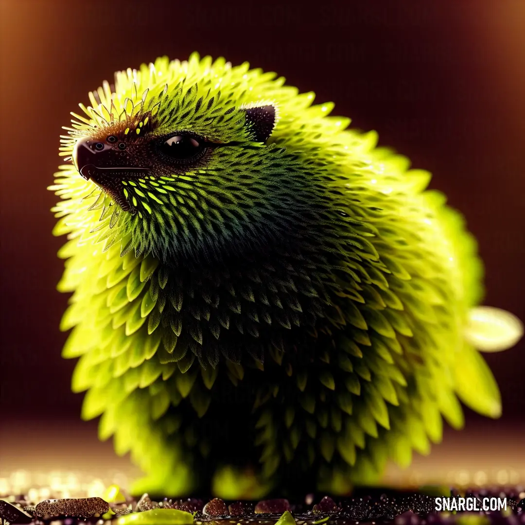 Green bird with a black face and a brown background with a light reflection on it's body