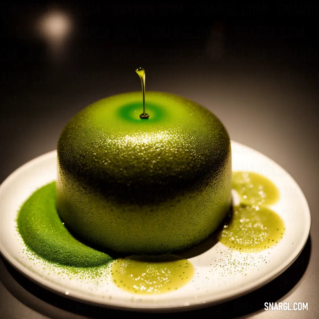 Green cake with a candle on top of it on a plate with a black background and a green substance on the plate