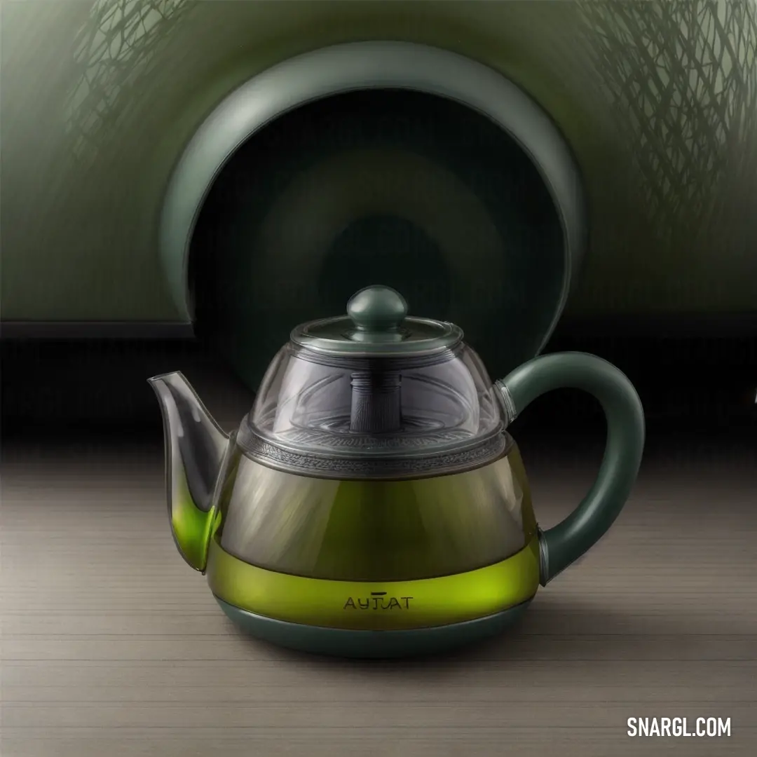 Heart Gold color example: Green teapot with a green lid and a green tea kettle next to it on a table