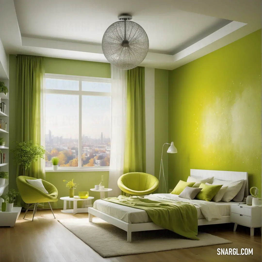 Heart Gold color. Bedroom with a green wall and a white bed and a green chair and a window with a city view