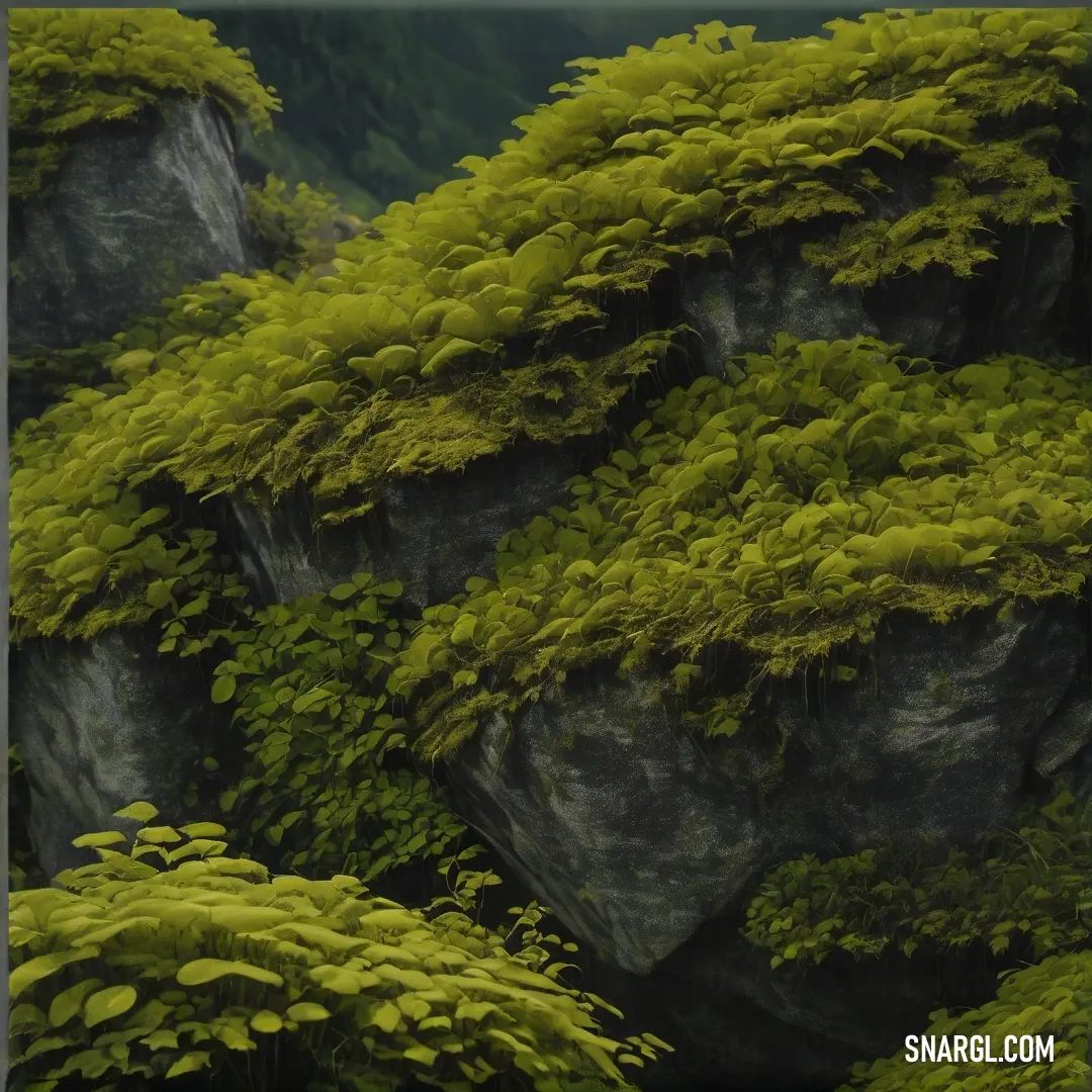 Green plant growing on a rock face in the woods, with a forest in the background. Color RGB 128,128,0.