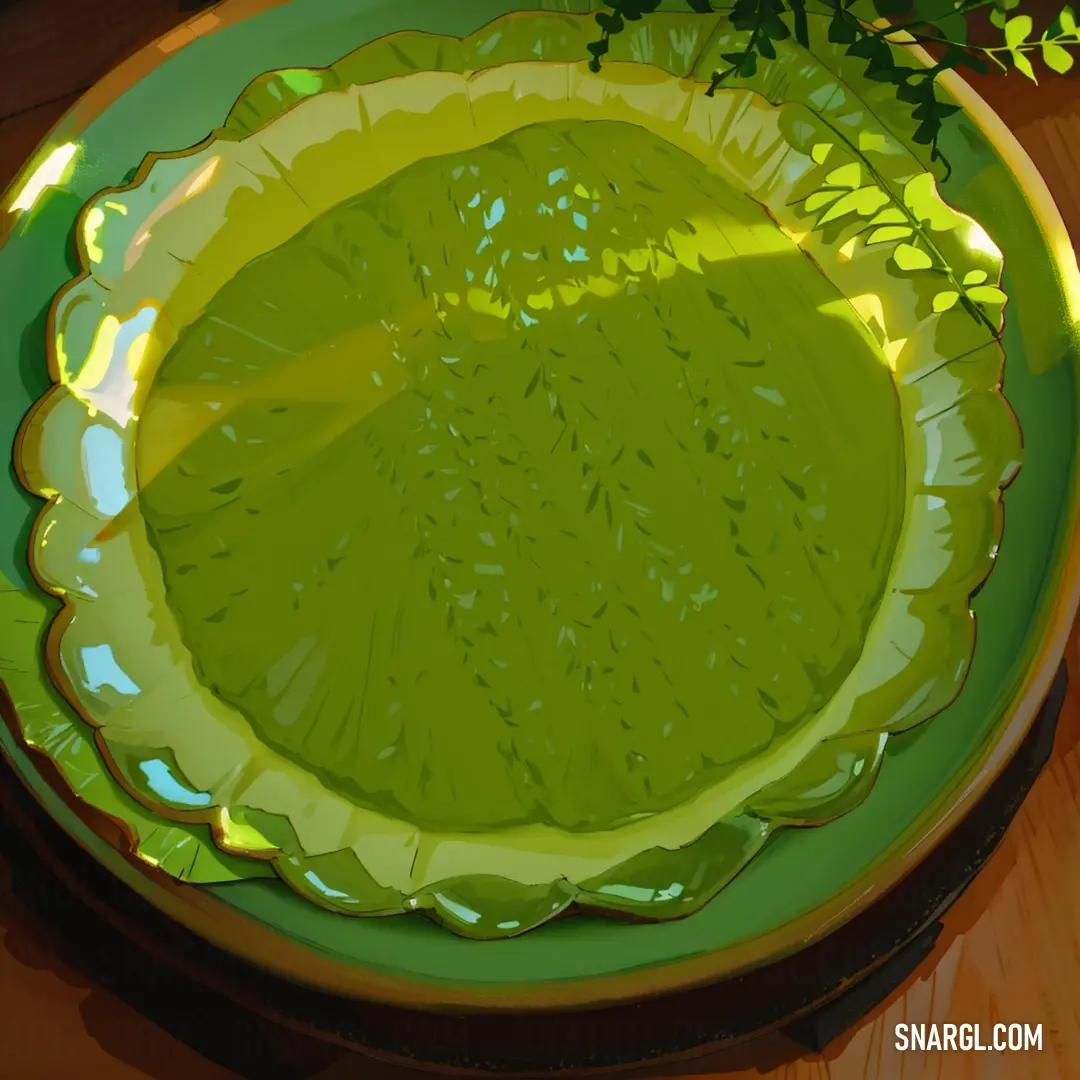 Green plate with a green rim on a wooden table with a plant in the center of the plate. Color CMYK 0,0,100,50.