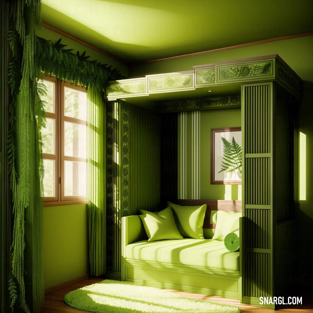Green room with a couch and a green rug on the floor and a window. Color CMYK 0,0,100,50.
