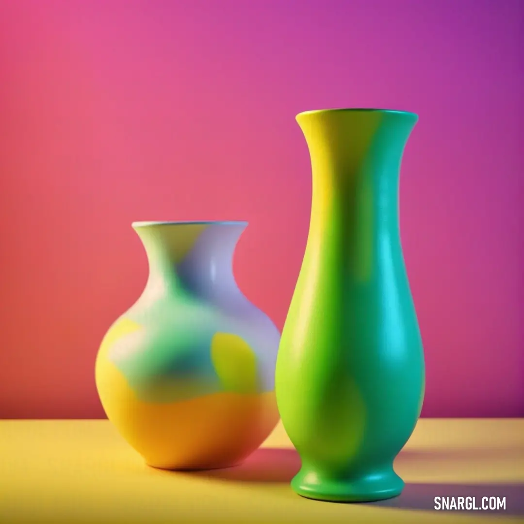 Two vases on a table with a pink background. Color CMYK 0,0,100,50.