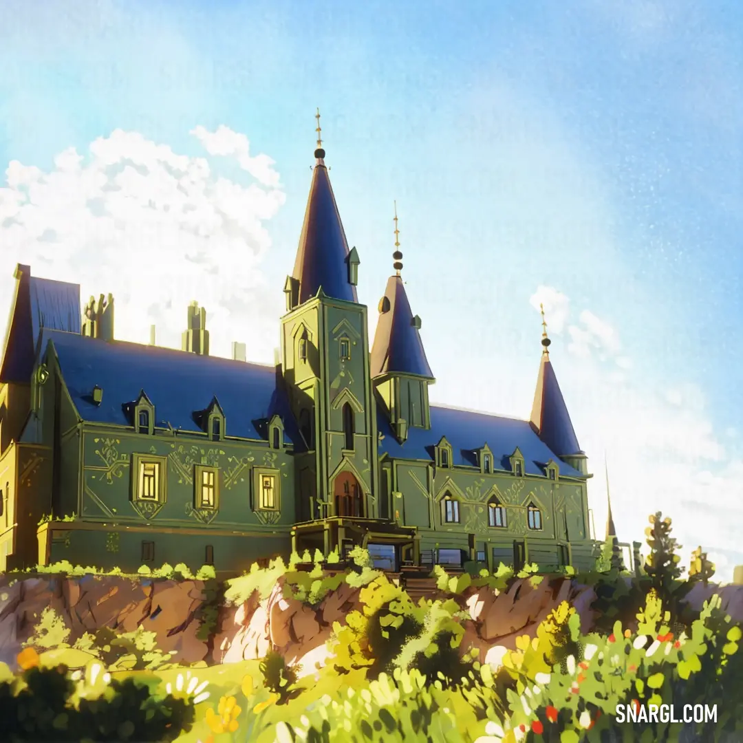 Painting of a castle with a sky background and flowers in the foreground and a blue sky with clouds