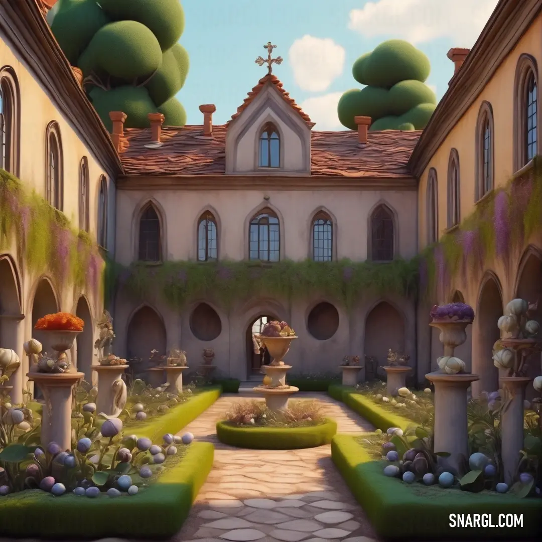 Painting of a courtyard with a cross on the top of it. Example of Heart Gold color.
