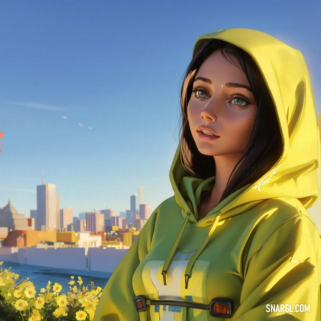 Woman in a yellow hoodie is standing in front of a cityscape and flowers with a blue sky