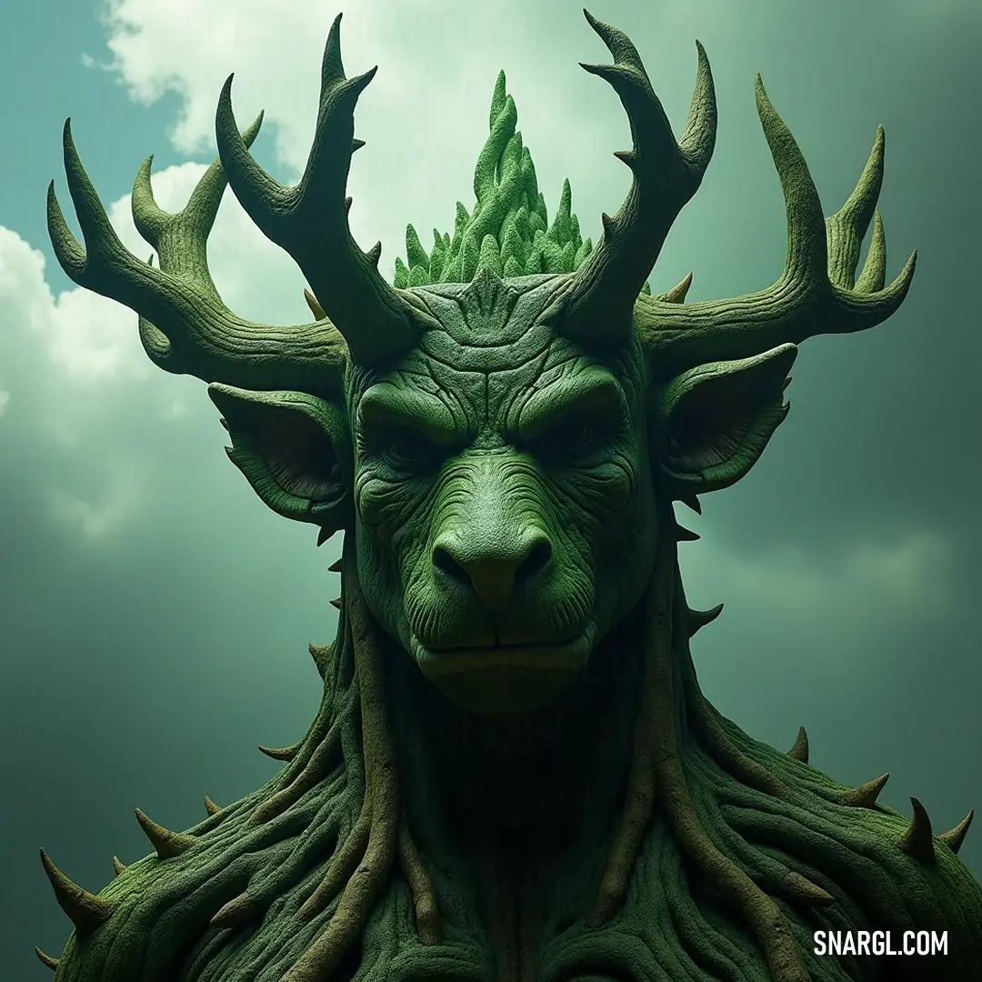 A striking Green Heartwood Guardian with magnificent horns and a royal crown gazes proudly against the blue sky, signifying the might of nature and its mystical protectors. An awe-inspiring Green Heartwood Guardian, adorned with majestic horns and a regal crown under a vast sky, radiates strength and poise, a protector of the celestial forest realm.