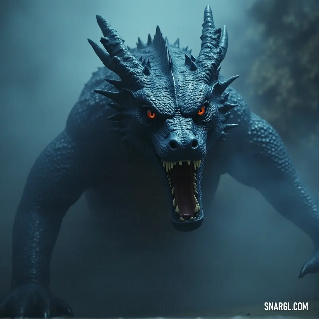The Heat Dragon, with its fiery eyes and fierce teeth, steps through a mist-filled world, where the fog weaves through the gnarled tree branches, adding to the sense of danger. A Godzilla-like Heat Dragon with glowing red eyes and sharp teeth emerges from a foggy scene, where twisted branches of a tree create a haunting silhouette against the mist.