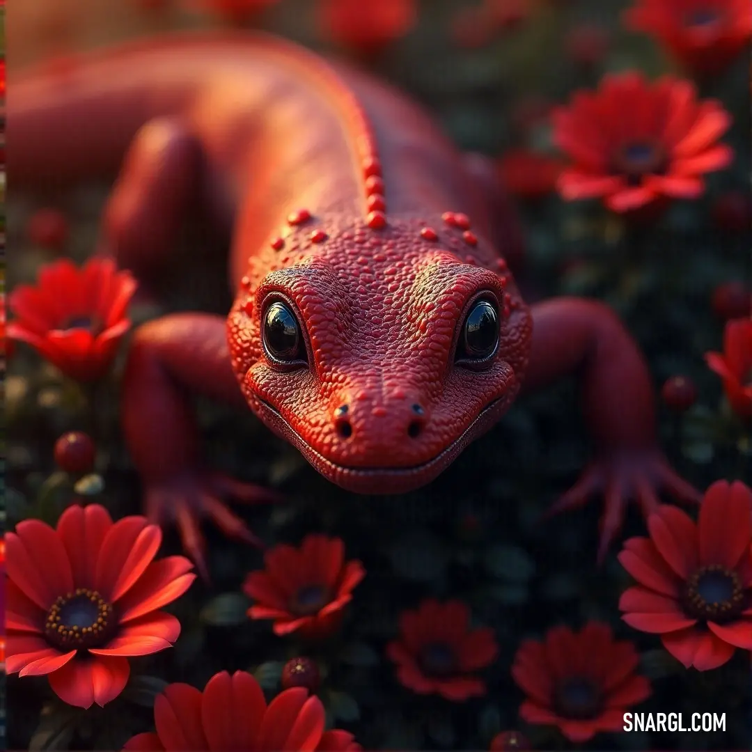 The red lizard, with its ember-like scales, stands against a fiery backdrop, exuding a sense of heat and primal energy. A striking red lizard, its scales glowing like embers, rests against a vibrant red background. Its intense gaze and fiery coloring make it an otherworldly creature of heat and power.