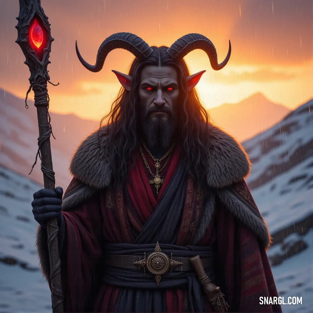 Hecate, her horns crowned with divine power, raises her staff against a stunning sunset, the mountains in the distance adding an air of mysticism to her commanding presence. Hecate, her horns curling upward, holds a staff aloft as she stands against a breathtaking sunset. The mountains behind her fade into the horizon, casting a magical light that blends with her own power, radiating strength and mystery.