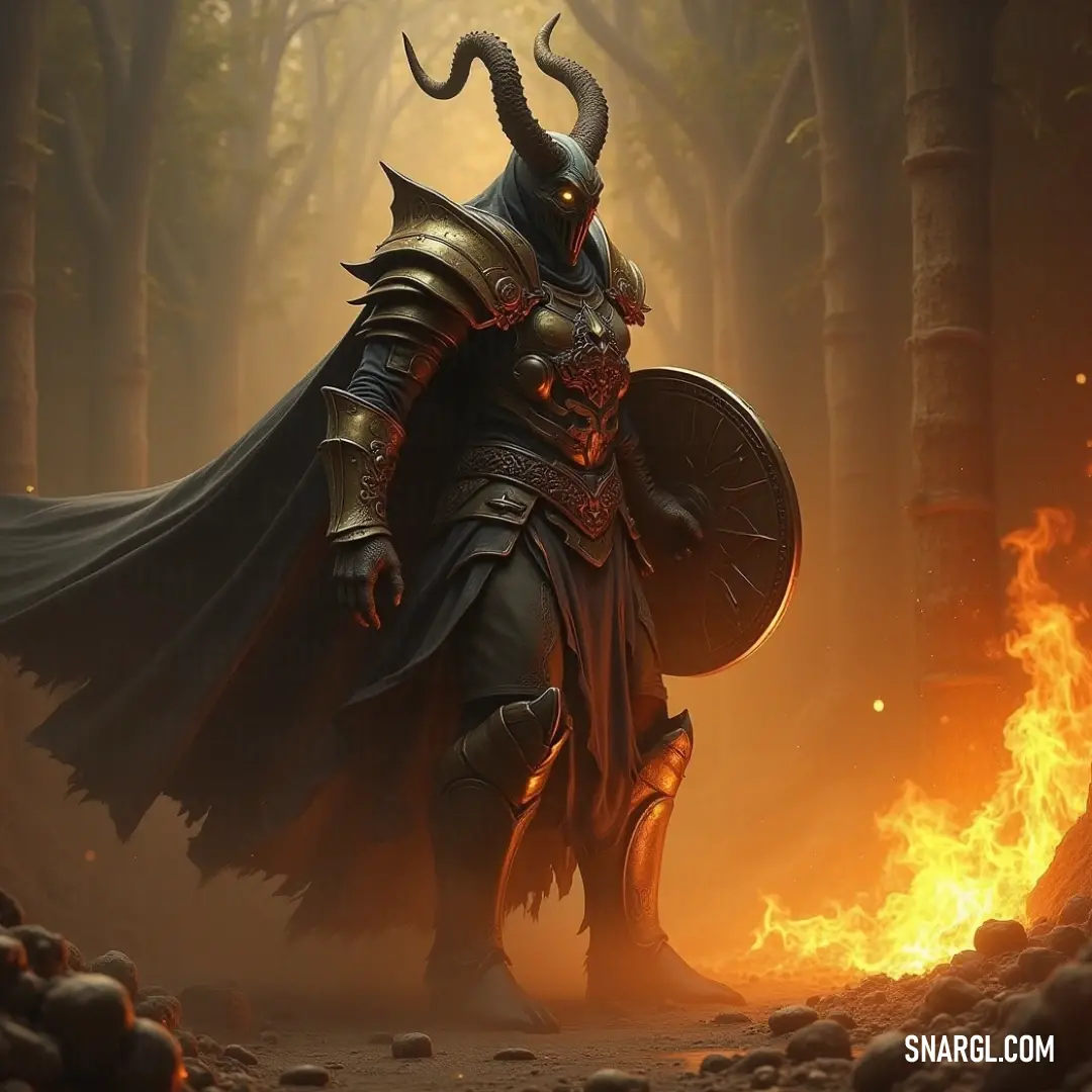 Hecate, dressed in a horned costume, stands imposingly in a dark forest. Flames flicker behind him, casting shadows that blend with his mysterious aura as he wears a helmet and stares ahead.