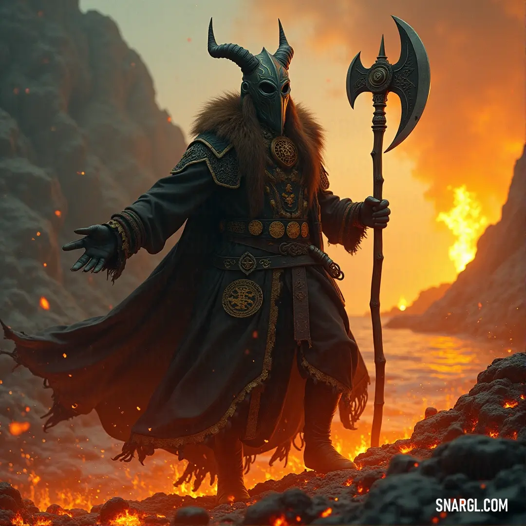 Hecate in a horned costume, wielding a staff with flames roaring behind her. Hecate, adorned in a dramatic horned costume, stands fiercely holding a glowing staff, with flames swirling in the background. The fire echoes her fiery presence, illuminating the darkened scene.