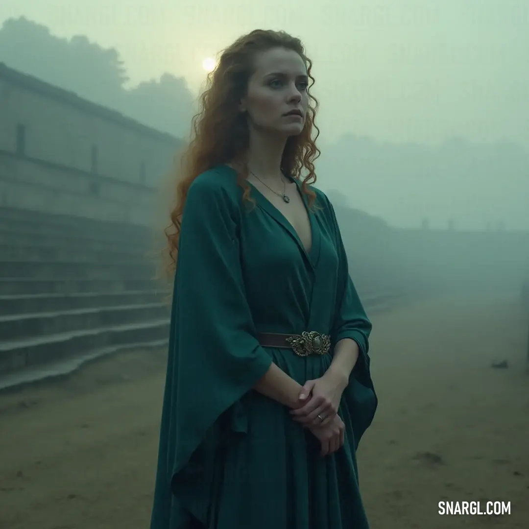 Amidst the enveloping fog of the coastal evening, a woman stands firmly in a radiant green dress, projecting strength and grace, her silhouette merging harmoniously with the mystical ambience of the shoreline. A woman clad in a striking green dress stands resolutely on a fog-laden beach, hands resting confidently on her hips. The mist creates a dreamlike quality as it envelops her, merging natural beauty with an air of mystery and strength.