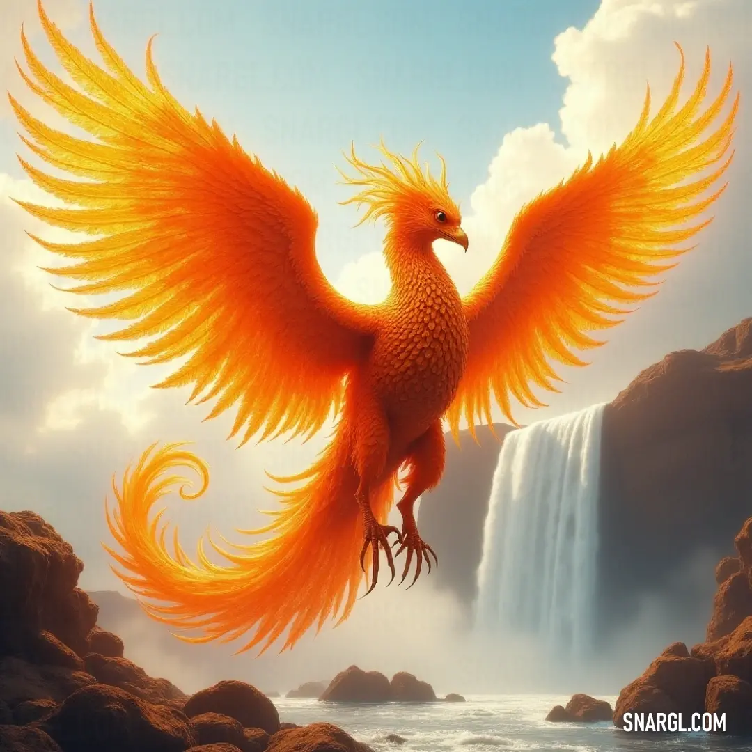 Helios, adorned with vibrant orange wings, gracefully flies over a magnificent waterfall, its striking colors radiating against the glimmering water below, creating a scene of harmony and beauty in nature.