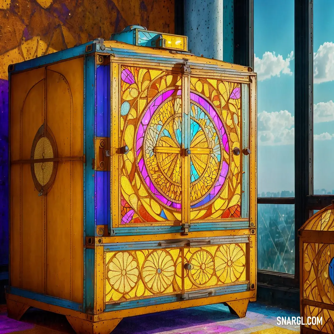 Colorful cabinet with a clock on it in a room with a window and a view of the city