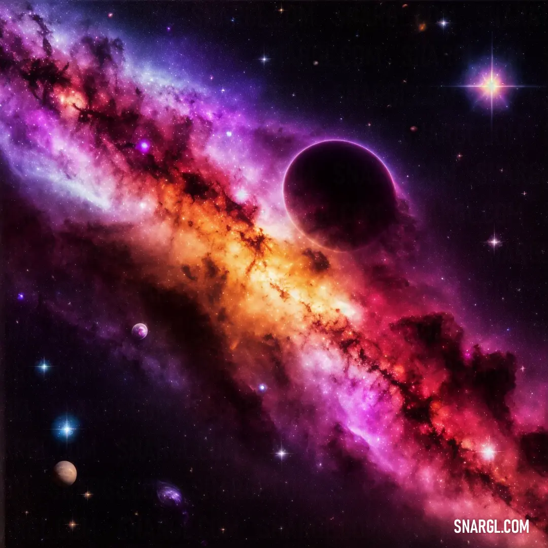 Colorful galaxy with a black hole in the center and a bright star in the background with a bright red