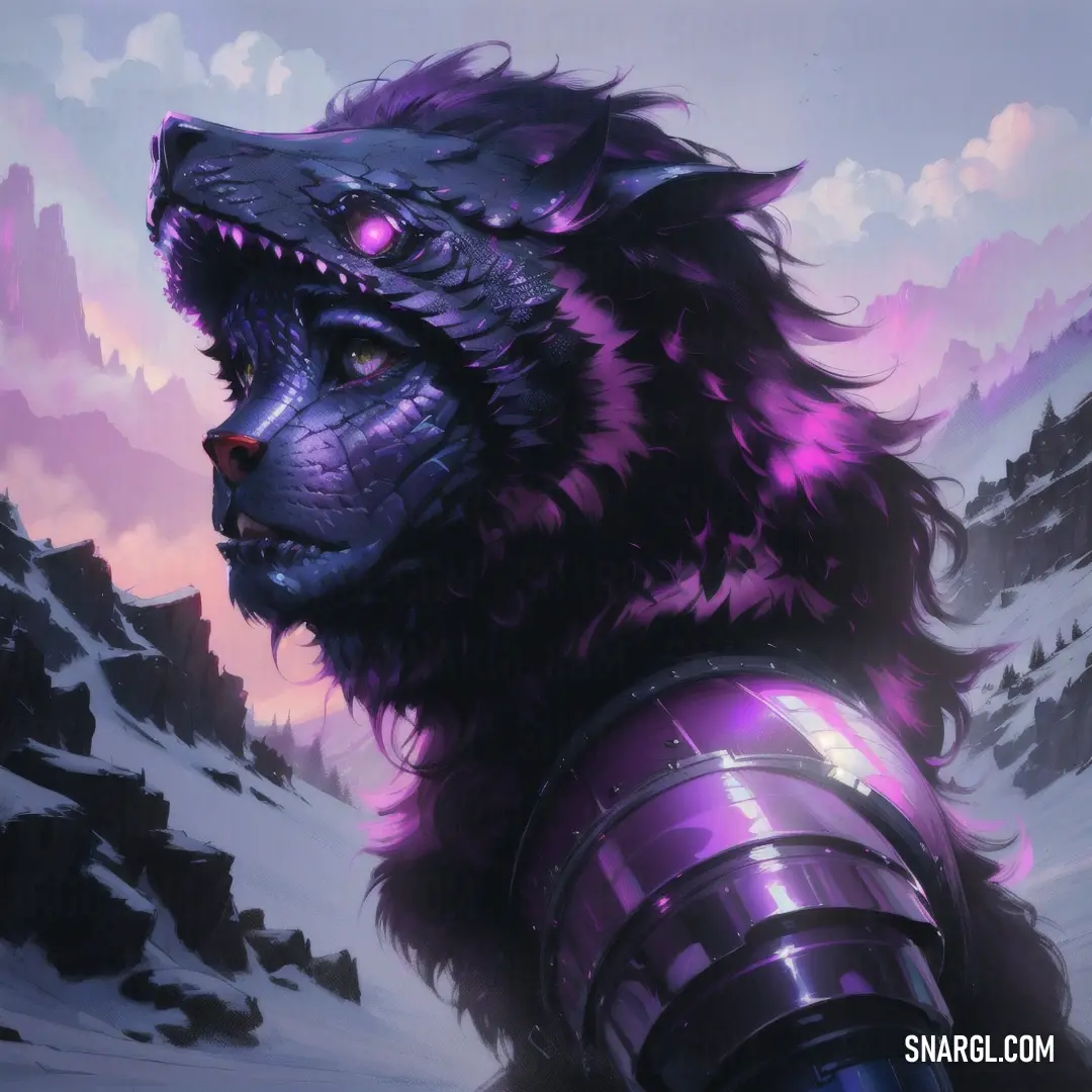 Creature with a purple and black face and a purple helmet on its head and a mountain in the background. Example of #DF73FF color.