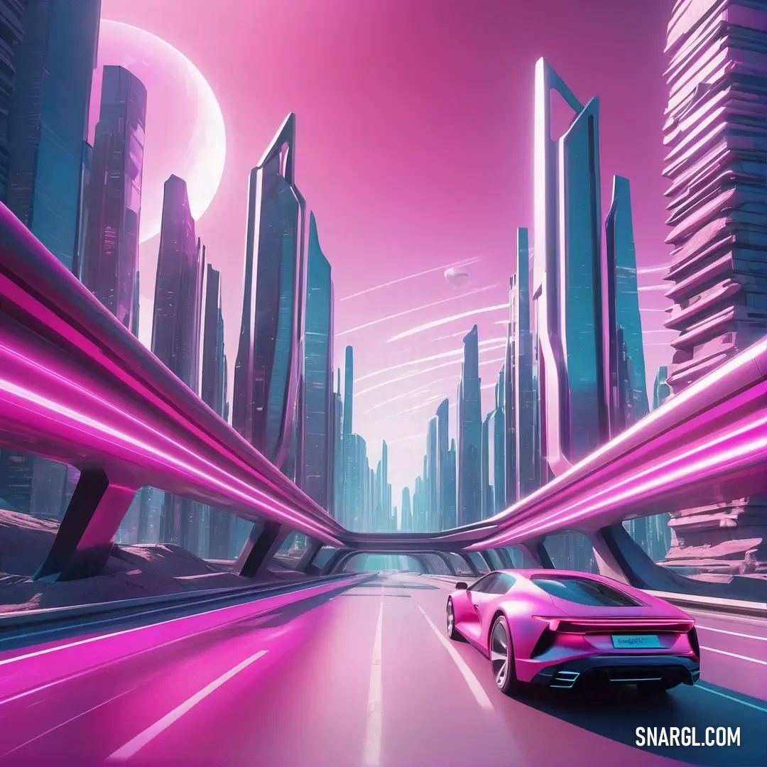 Futuristic city with a futuristic car driving through it. Example of CMYK 13,55,0,0 color.