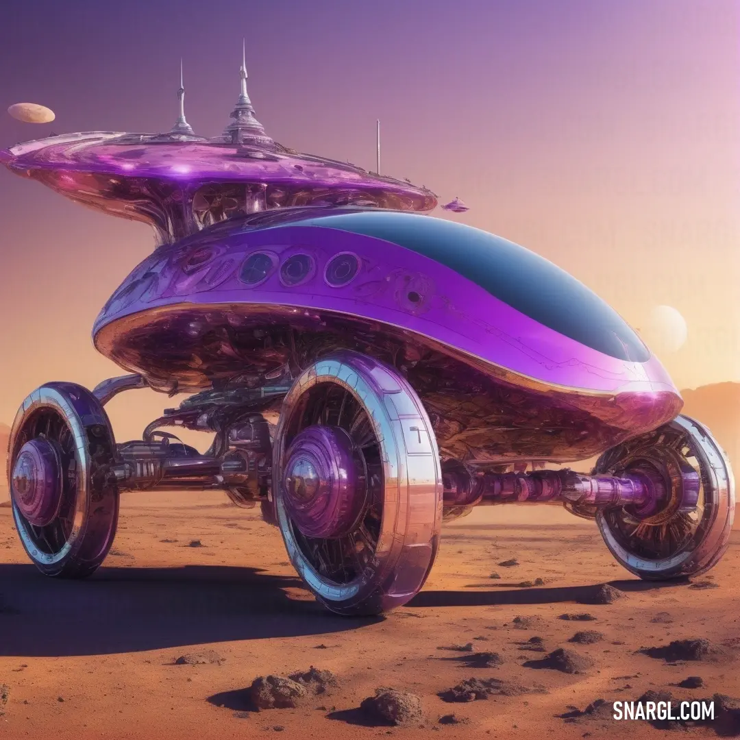 Futuristic vehicle with a futuristic design on the front of it in the desert. Example of Heliotrope color.