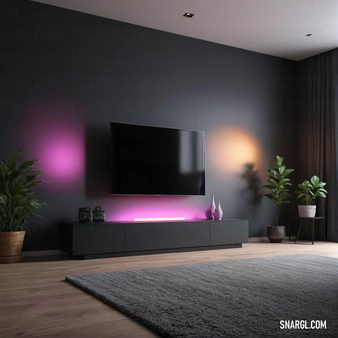 Heliotrope color. Living room with a large flat screen tv on a wall and a plant in a pot on the floor
