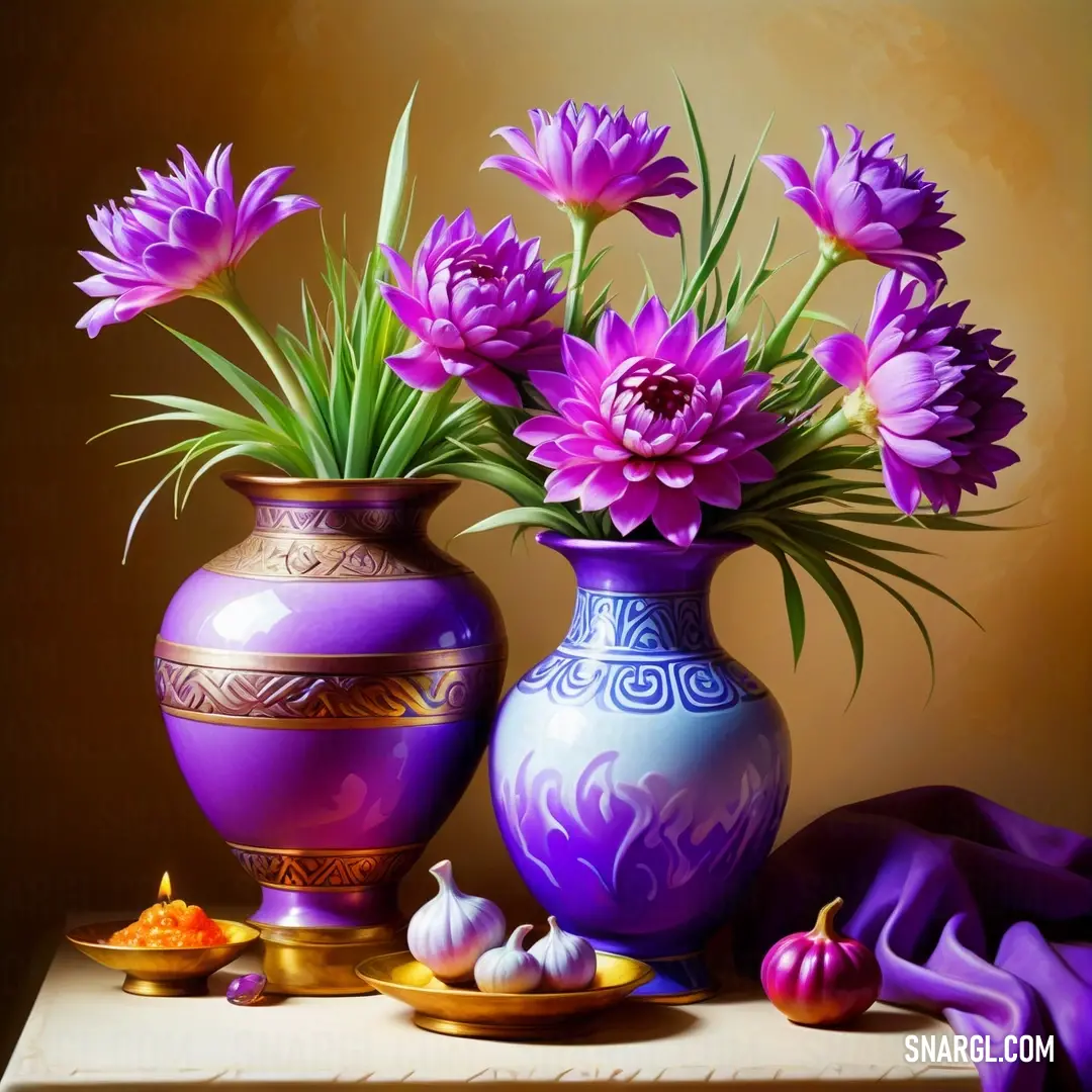 Heliotrope color example: Painting of purple flowers in a vase and a candle on a table
