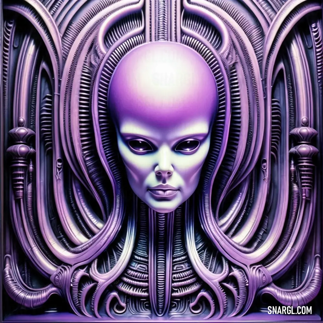 Purple alien head with a large head and a large body of hair in the center of the image. Example of RGB 223,115,255 color.