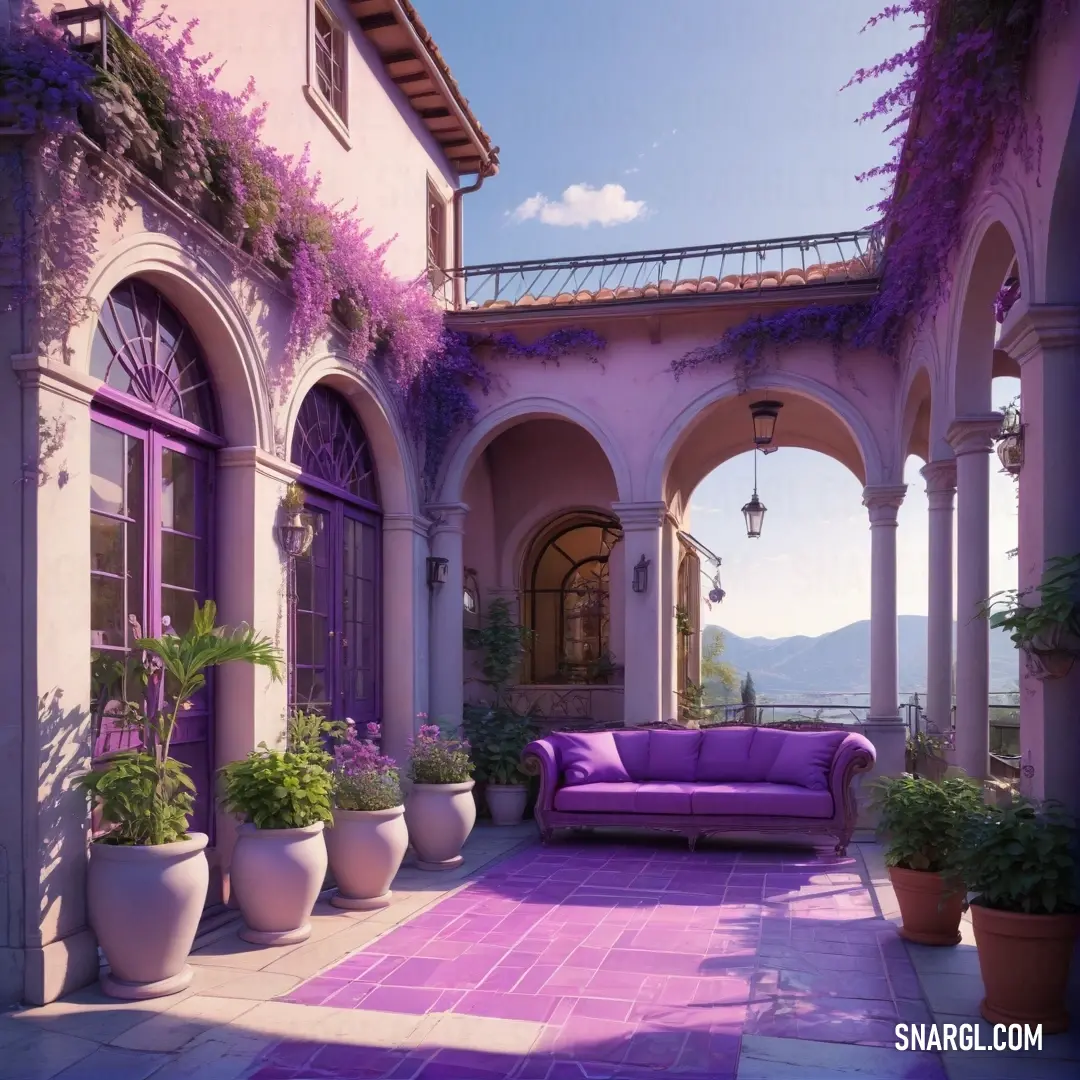 Purple couch on top of a purple tiled patio next to a building with purple flowers growing on it. Color #DF73FF.