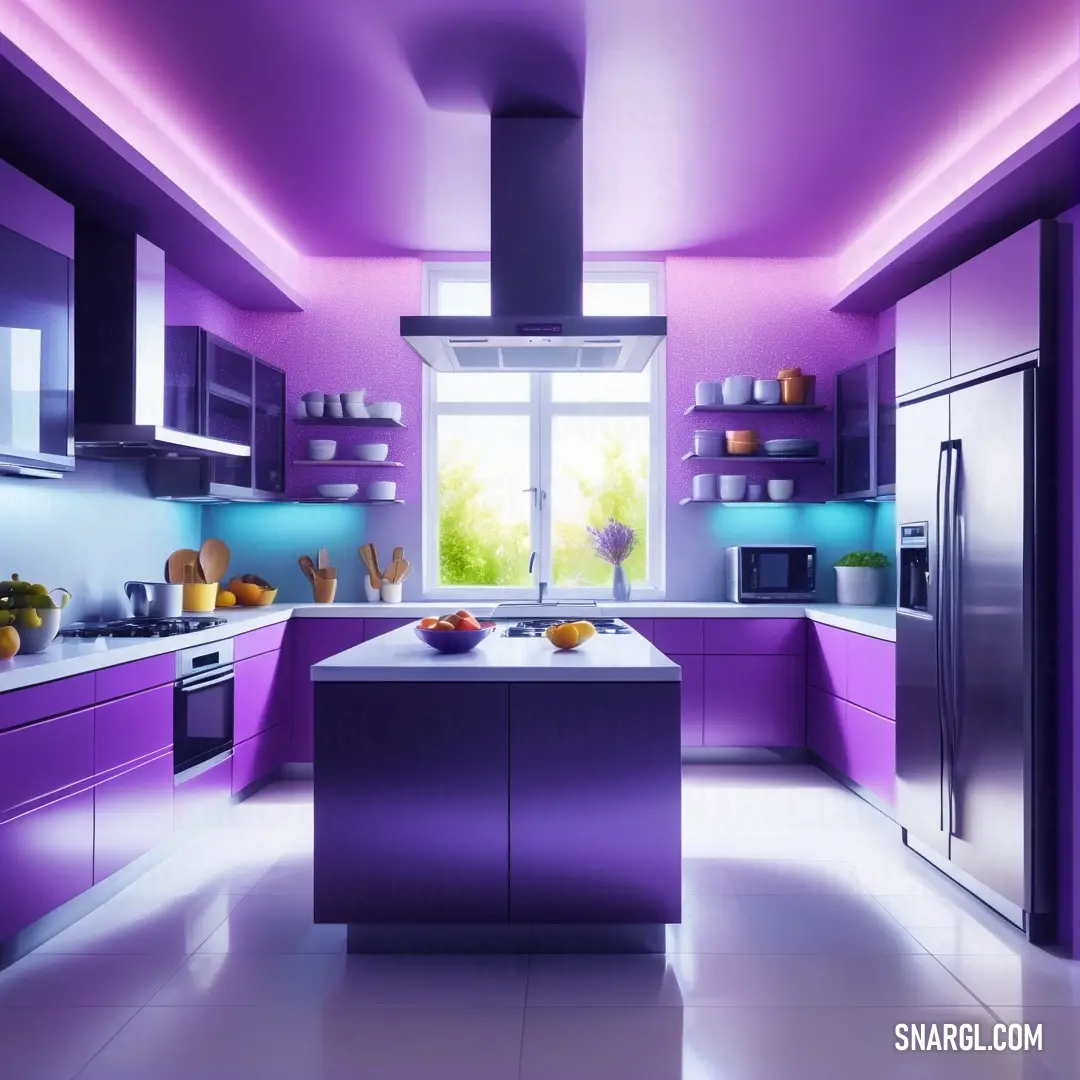 Kitchen with purple cabinets and a white counter top and a purple ceiling light above the island and sink. Example of Heliotrope color.