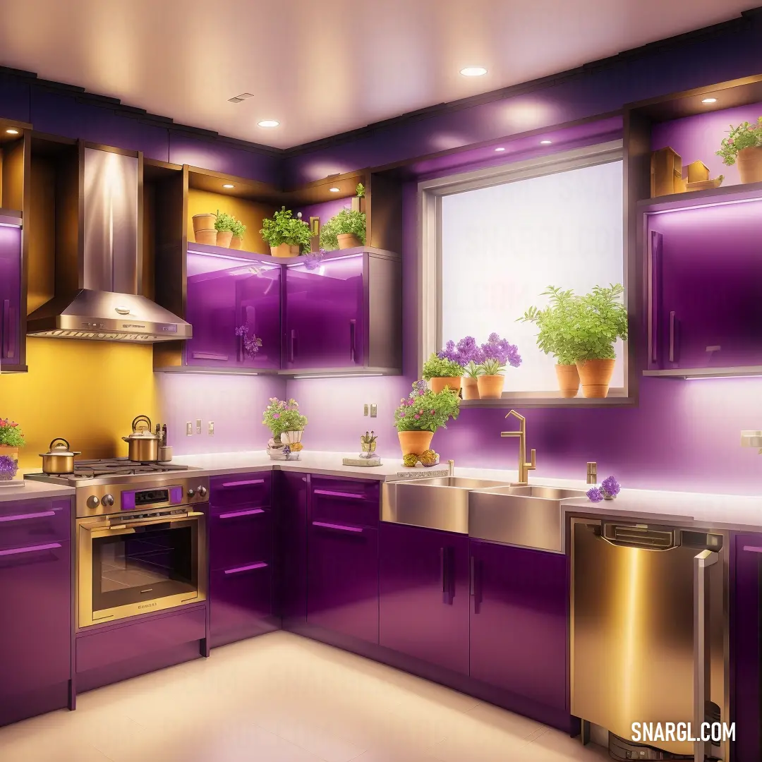 Kitchen with purple cabinets and a gold stove top oven and sink and a window with potted plants