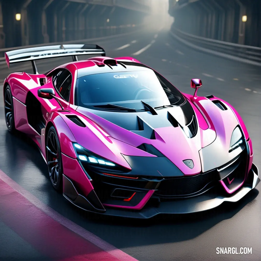 Pink and black sports car driving down a road at night time with a bright light behind it. Example of Heliotrope color.