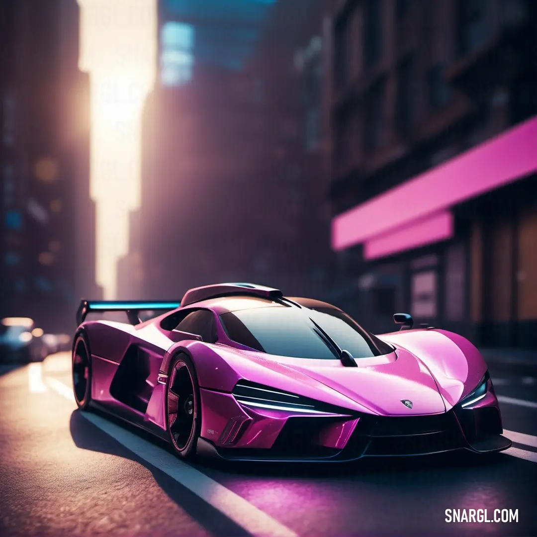 Heliotrope color example: Pink sports car driving down a city street at night with a bright light on the side of the car