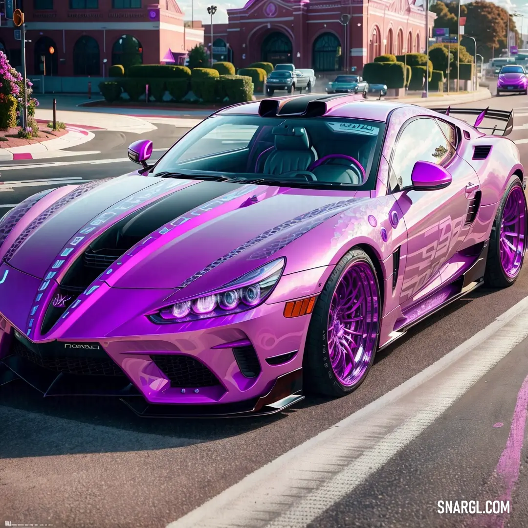 Purple sports car driving down a street next to a tall building with a clock on it's side