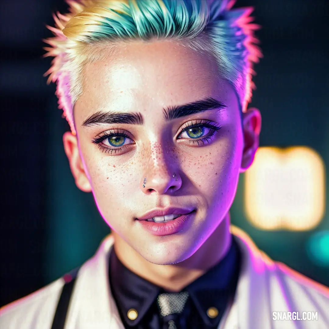 Woman with a short haircut and a tie with a neon green hair and blue eyes and a black shirt