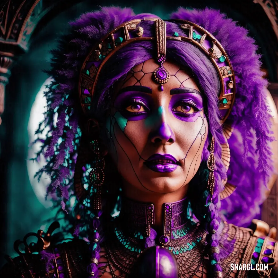 Woman with purple hair and a purple headdress
