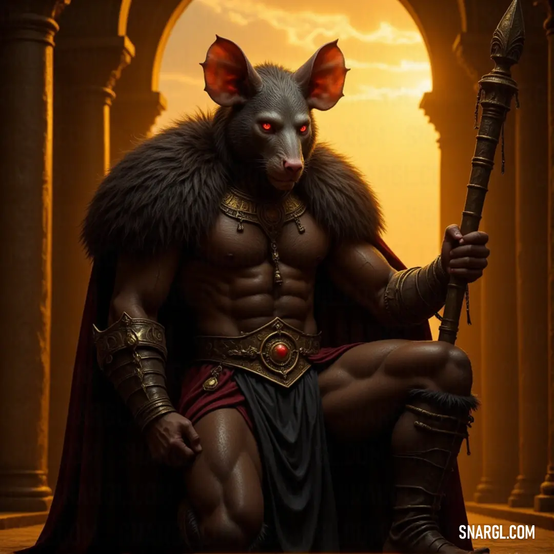 Seated on a throne, the Hell Pit Abomination Chief surveys his domain, sword in hand and sunset casting a fiery glow on his figure. The Hell Pit Abomination Chief, now seated on a throne in a dark cave, holds a sword and wears a flowing cape. A fiery sunset illuminates the scene from behind, casting a dramatic light on his commanding figure.