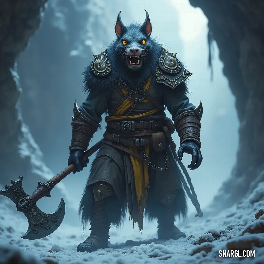 A Hell Pit Abomination Master wields a massive axe, standing in a snowy cave with towering icy peaks in the distance, a cold wind howling as the beast prepares for an imminent battle.
